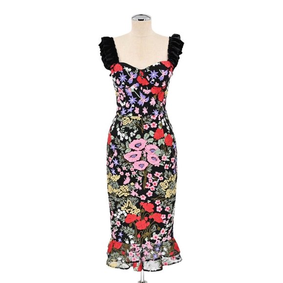 Bronx and Banco Dresses & Skirts - BRONX AND BANCO Womens Alicia Floral Midi Dress Embroidered Ruffle Sheath Sz XS